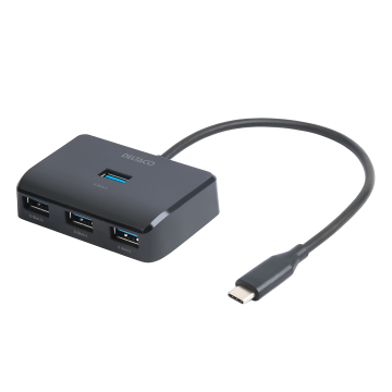 USB-C-hub med 4 USB-A-porter, 5 Gbit/s, ekstra strøminngang, sort
