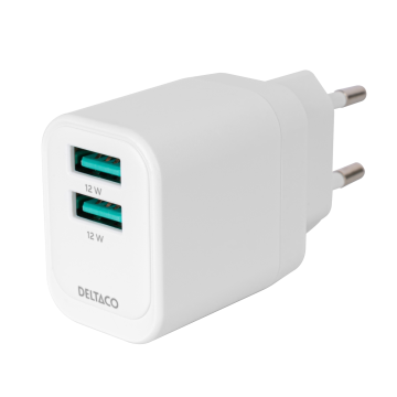 USB-vegglader, 2x USB-A, 12 W per port, maks total effekt 12 W, hvit