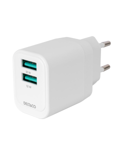 USB-vegglader, 2x USB-A, 12 W per port, maks total effekt 12 W, hvit